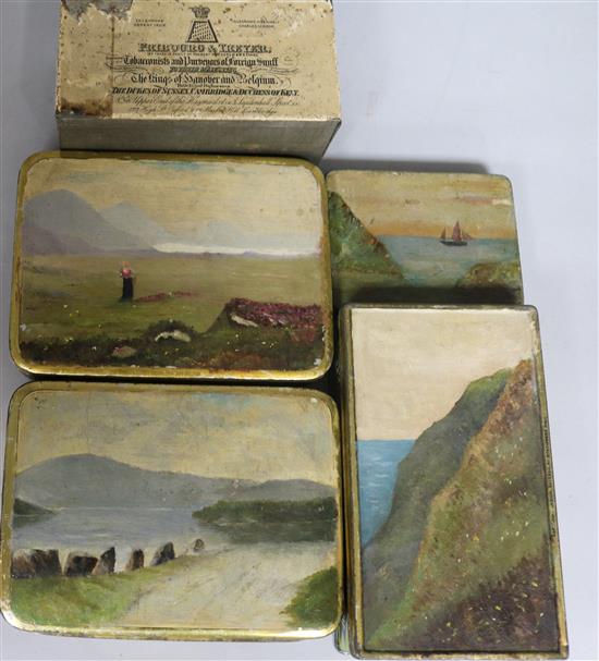 A collection of four small tins with hand-painted covers and an advertising tin